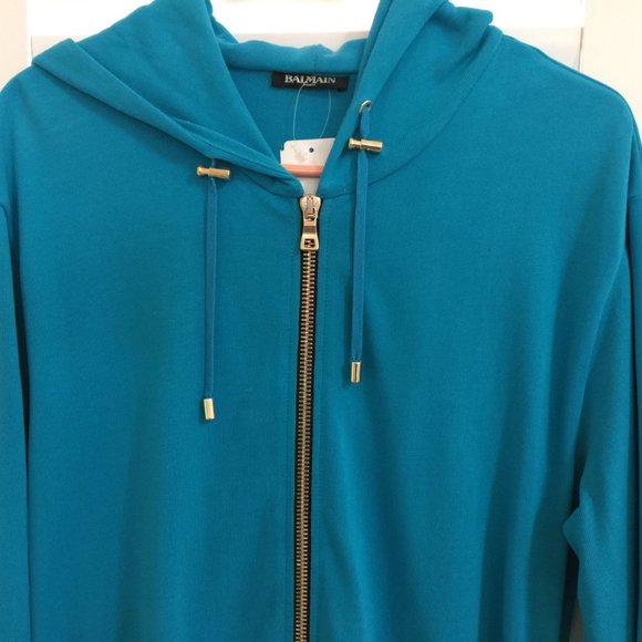 Balmain Paris Made in ITALY Men Turquoise Long Hooded Sweatshirt Sweater New - Picture 6 of 12